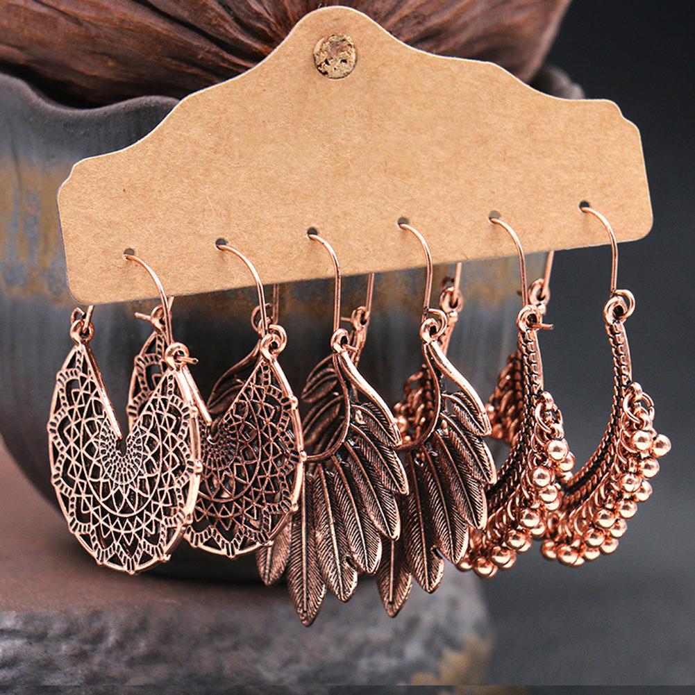 Fashion Bracelet 3Pairs Boho Gypsy Women Feather Round Hollow Dangle Hook Earrings Party Jewelry