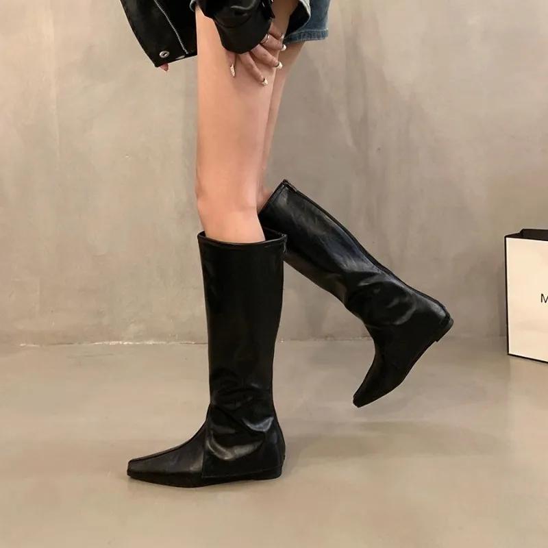 Модная обувь для женщин 2024 года, горячая распродажа, женские сапоги до колена, брендовые современные сапоги, женские сшитые туфли с квадратным носком и молнией сзади на низком каблуке