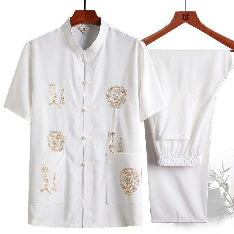 Мужской летний костюм Тан с короткими рукавами для мужчин среднего и пожилого возраста, пряжка в китайском стиле Ханьфу