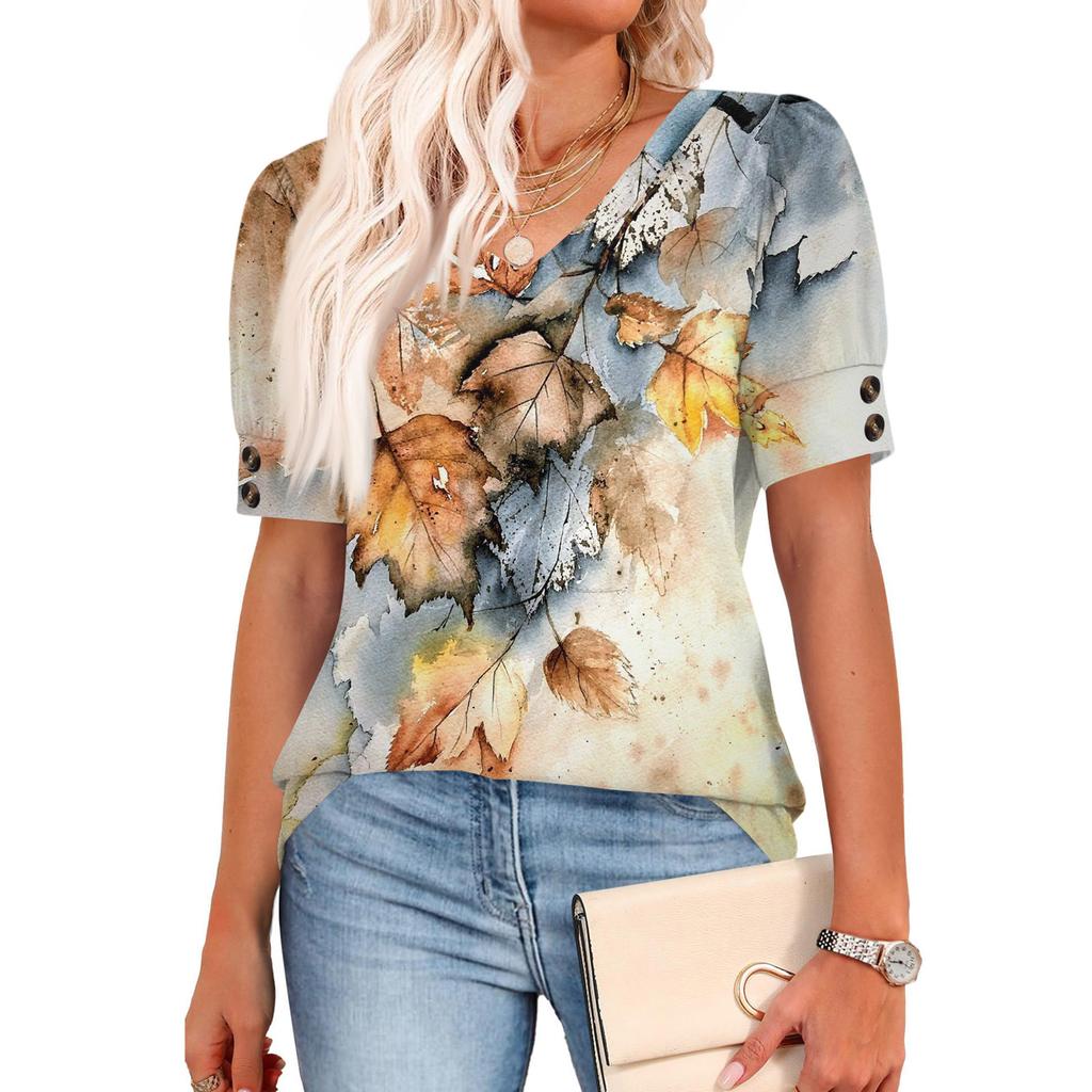 Женские топы с коротким рукавом, рубашки на пуговицах, V-образный вырез, модные наряды, блузки, повседневные