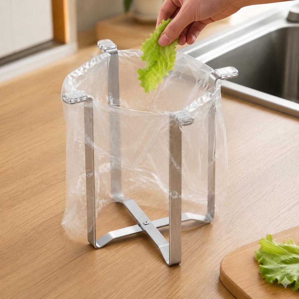 Foldable Trash Bag Holder Stainless Steel Desktop Food Waste Bin Draining Net Compact