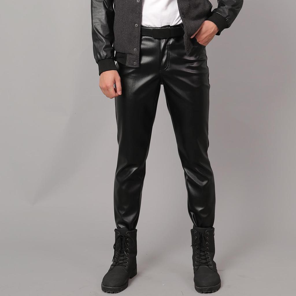 Men's Korean Style Slim Fit Motorcycle Leather Pants - Fleece-Lined, Skinny, Elastic, Spring/Autumn Trend