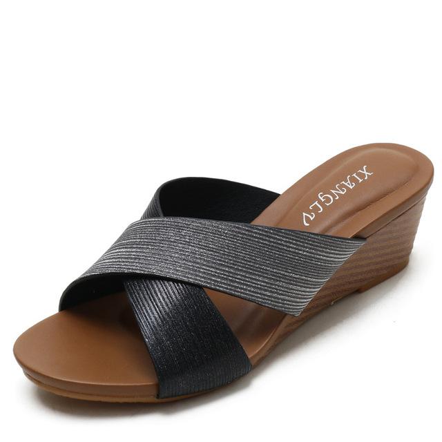Plus Size 36 -44 45 Women Wedges Sandals Slippers Med Heel X Cross Strap Female Big Size Modern Slides Summer Shoes New