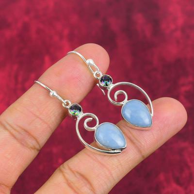Серьги Angelite, Mystic Topaz, драгоценные камни, серьги из стерлингового серебра 925 пробы, подарок для женщин, серьги ручной работы