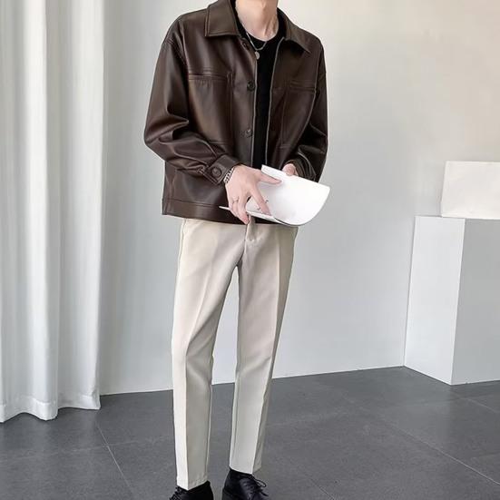 Мужская куртка с лацканами, длинными рукавами, карманами-клапанами, однобортная куртка, пальто, однотонная, свободная, водонепроницаемая, теплая, из искусственной кожи