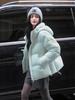 Women's Short Down Jacket 2025: Thick, Hooded, Warm Puffer In Light Green with Sleeve Patch - Winter Hot Style.