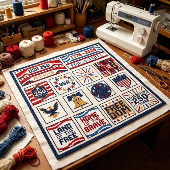 Segmented Embroidery Pattern 250th Anniversary Cross Stitch Kit, Independence Day Theme, Red White Blue Threads Patriotic Set, USA Patterns
