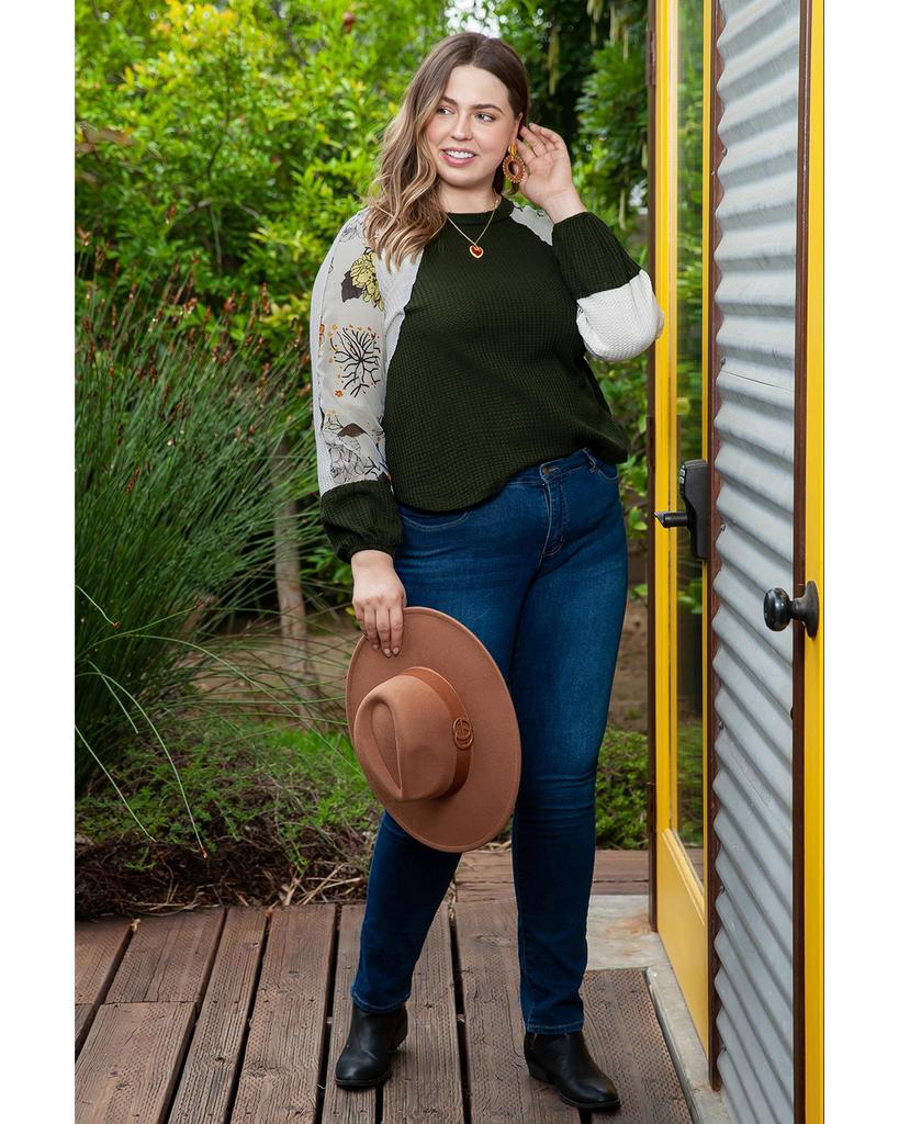 Azura Exchange Green Plus Size Floral Raglan Colorblock Patchwork Knit Blouse