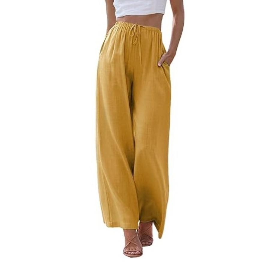 Large Size Trousers Women's Cotton Linen Pants Elastic Waist Loose Casual Pocket Drawstring Wide Leg Pants