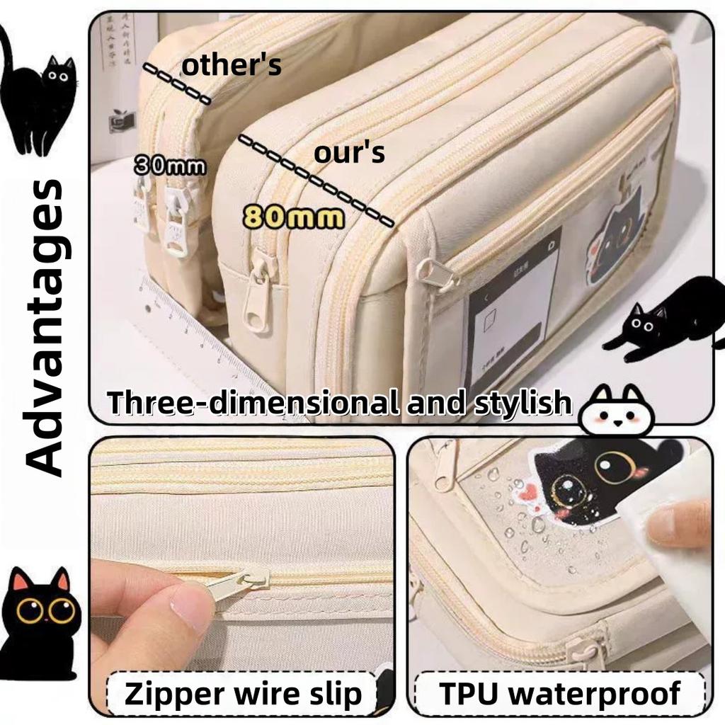 Black Cat Pencil Case Large Capacity Multi-layer Pen Bag with DIY Stickers for Students Girls Boys School Stationery Organizer