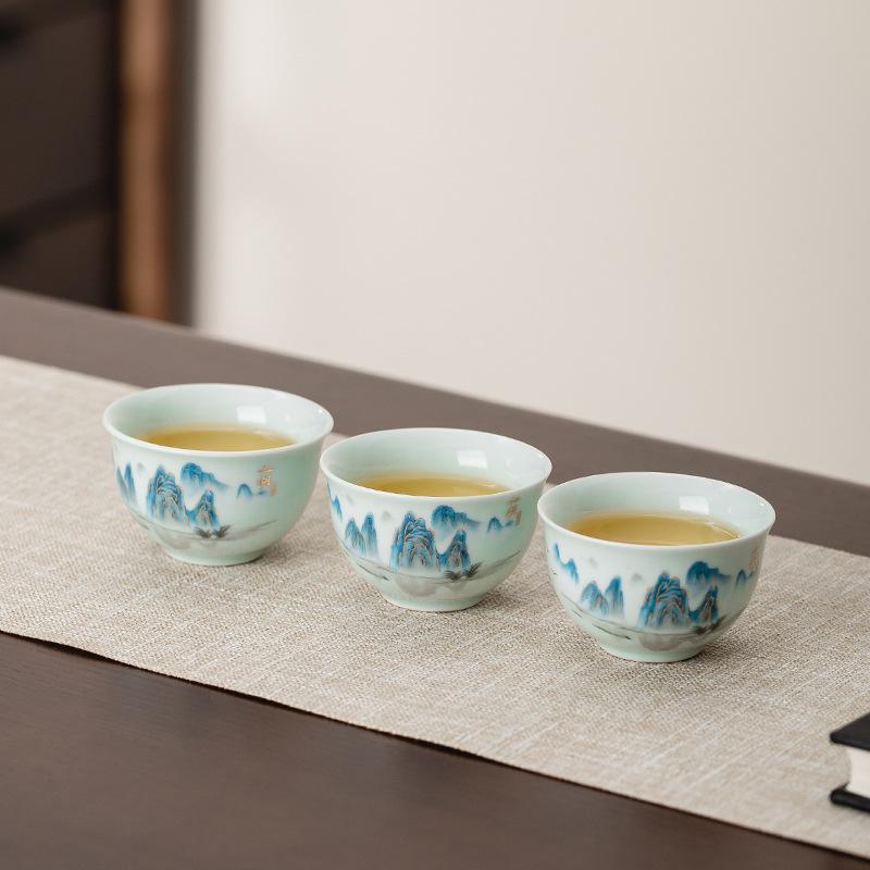 Celadon Landscape Map Teacup Kung Fu Tea Set Ceramic Single Cup Master Cup Tea Cup Tea Cup Tea Cup
