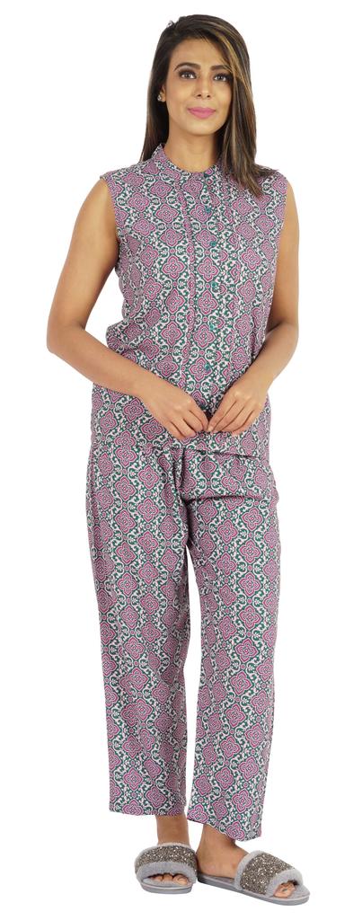 Phagun Pajamas Set Printed Rayon Sleepwear Sleeveless Nightwear For Women