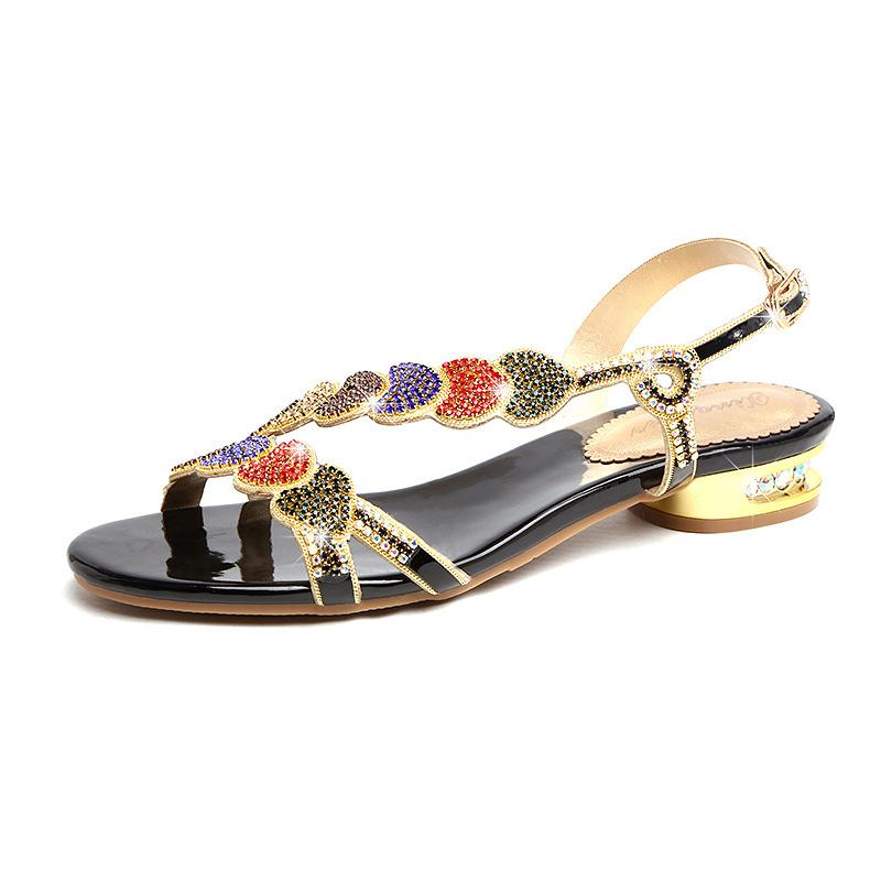 Summer New Leather Ladies Sandals Rhinestone Low Heel Sandals Flat Bottom Clip Toe Thick Heel Flowers Luxury Sandals Gift