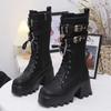 Fashion Black Women Punk Style Platform Mid-calf Boots Thick Sole Leather Motorcycle Boots 9CM Chunky Metal Buckle Short Boots Woman