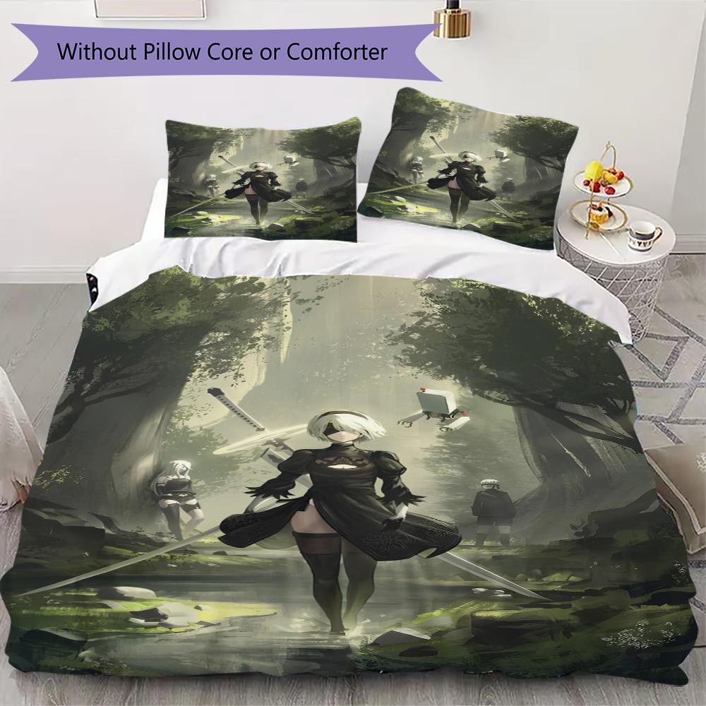 NieR Automata Pattern Bedding uilt Set uilt Cover Pillowcase Home Decoration Birthday Gift (1 * duvet cover + 2 * pillowcase without core)