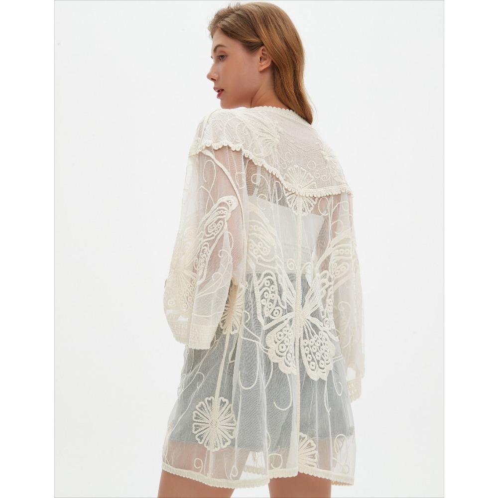 DIMANAF 2025 Лето Женщины Летучая мышь Пляжный кардиган V-образный вырез Футболка Базовый кружевной Новые модные топы кружевные футболки Повседневные свободные футболки