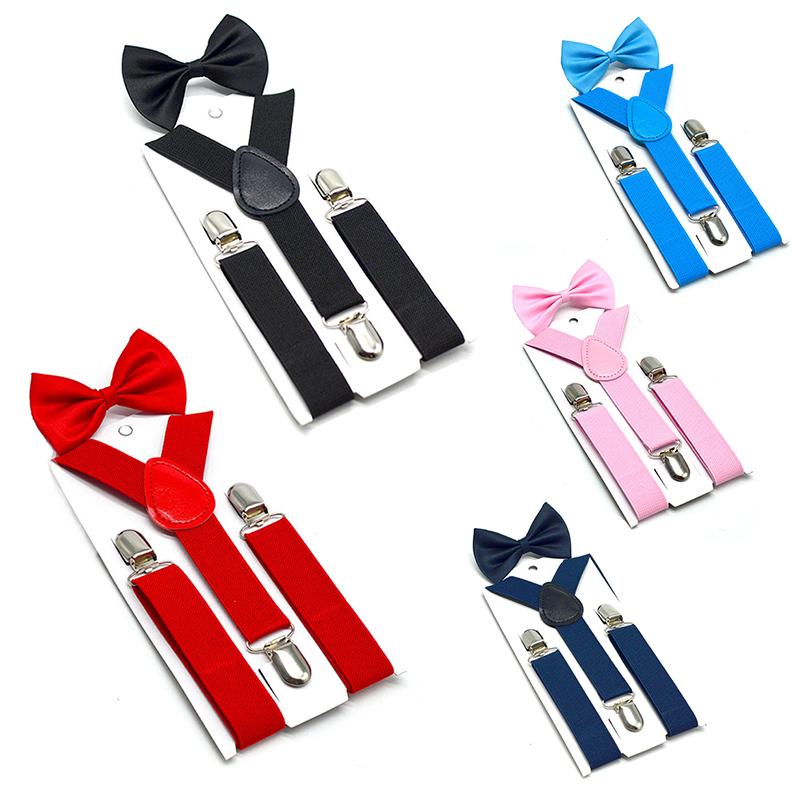 Однотонный детский ремень с галстуком-бабочкой, комплект для мальчиков и девочек, подтяжки с клипсами, Y-образные подтяжки, галстук-бабочка, эластичный, детский, регулируемый