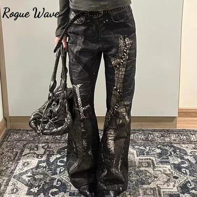 RogueWave Американские Ретро Джинсы Прямого Кроя с Принтом Питона Y2K Мода Уличный Стиль Горячие Девушки Свободные Харадзюку Повседневные Джинсы с Высокой Посадкой и Широкими Штанинами