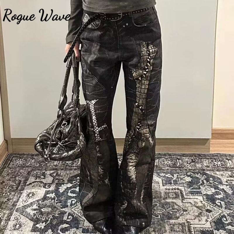 RogueWave Американские Ретро Джинсы Прямого Кроя с Принтом Питона Y2K Мода Уличный Стиль Горячие Девушки Свободные Харадзюку Повседневные Джинсы с Высокой Посадкой и Широкими Штанинами