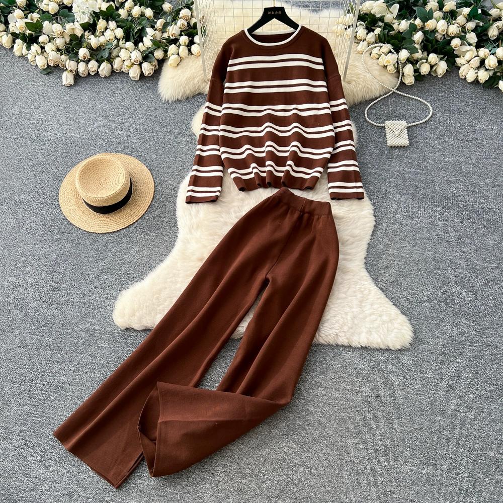 Осень Зима Женский Повседневный Полосатый Вязаный Свитер Брюки Комплект из двух предметов Пуловер с длинным рукавом Топы и Брюки с широкими штанинами Спортивный костюм