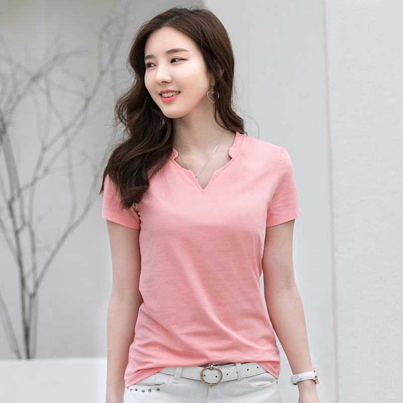 Модная и облегающая однотонная женская футболка в корейском стиле с v-образным вырезом и короткими рукавами, простой топ из чесаного хлопка 2024