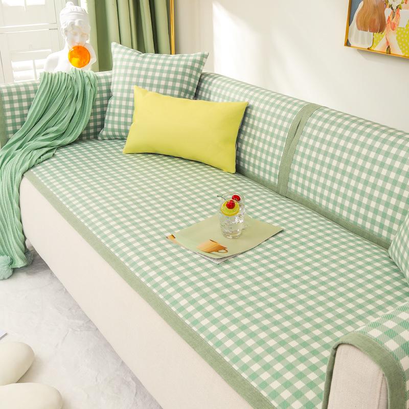 Fresh Plaid Summer Ice Silk Rattan Sofa Seat Cushion for Summer Summer Universal Non-Slip Cover Cloth