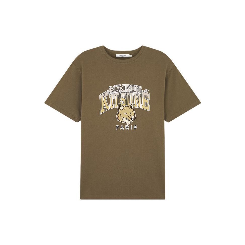 Maison Kitsune Letter Pattern Printed Crew Neck Short Sleeve T-Shirt Unisex T-Shirt Khaki LM00112KJ0035-P360