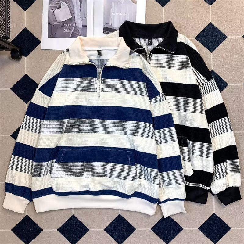 Унисекс ретро полосатая куртка свободного размера с длинными рукавами и полумолнией для осени и зимы