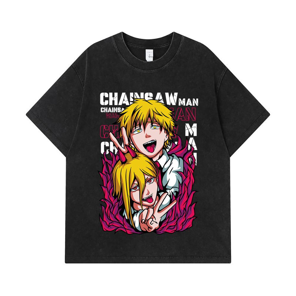 275 GSM Washed T-shirts 100% Cotton Chainsaw Man V39 Denji Power Print Unisex Heavy Cotton T Shirt