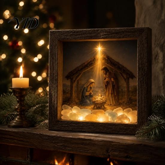 Religious Gifts for Home Coastal Lighthouse Sea Glass Shadow Box Night Light, LED Nativity Scene Wood Wall Mounted Wooden Frame Decor, Christian Faith