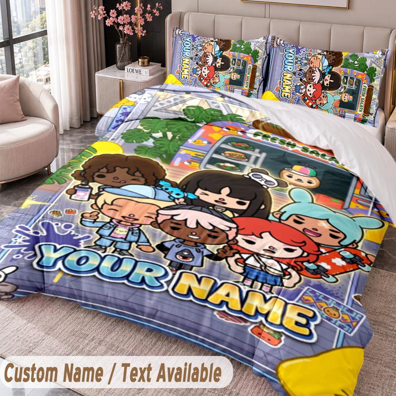 Custom Name Text 3Pcs Bedding Set Toca Boca Duvet Cover And Two Pillowcases