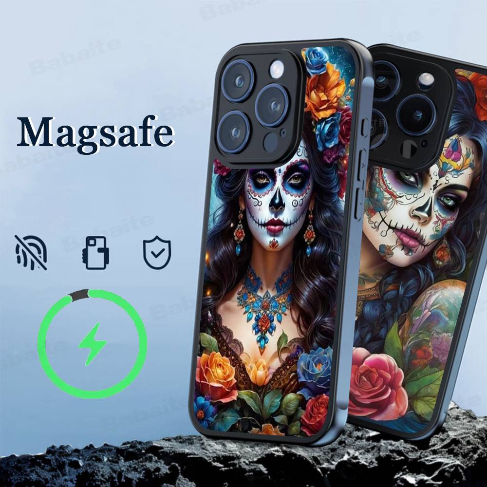 Чехол для телефона Catrina Красивая Девушка Роза Череп Магнитный Чехол Для iPhone 17 16 15 14 13 12 11 Для Magsafe Беспроводная Зарядка Чехол