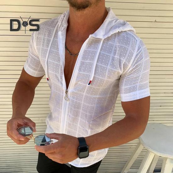 Мужская футболка с капюшоном, короткими рукавами, клетчатая футболка на молнии, повседневный тонкий летний топ для спорта, отдыха на природе, пляжа