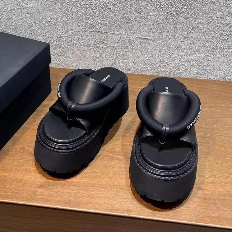 Женские шлепанцы Летние танкетки Круглый носок Женские сандалии Черный Розовый Высокие каблуки Платформа Платье Женские Шлепанцы Zapatillas De Mujer