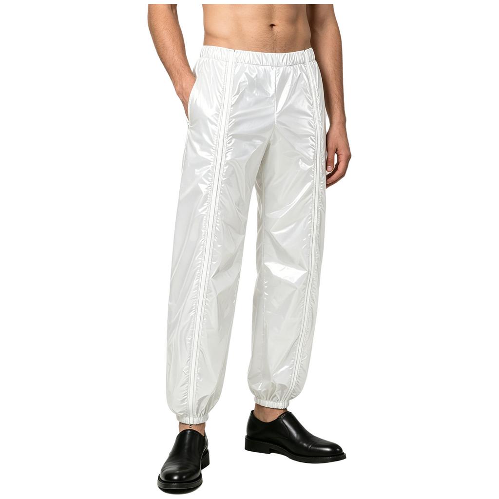 Mens Vinyl Waterproof Reusable Pants Elastic Waistband Side Pockets Two Way Zippers Trousers