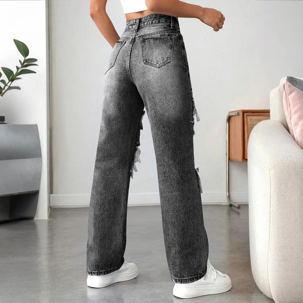 Women's High Waist Washed Women's Jeans Fashionable Versatile Straight Leg Pants