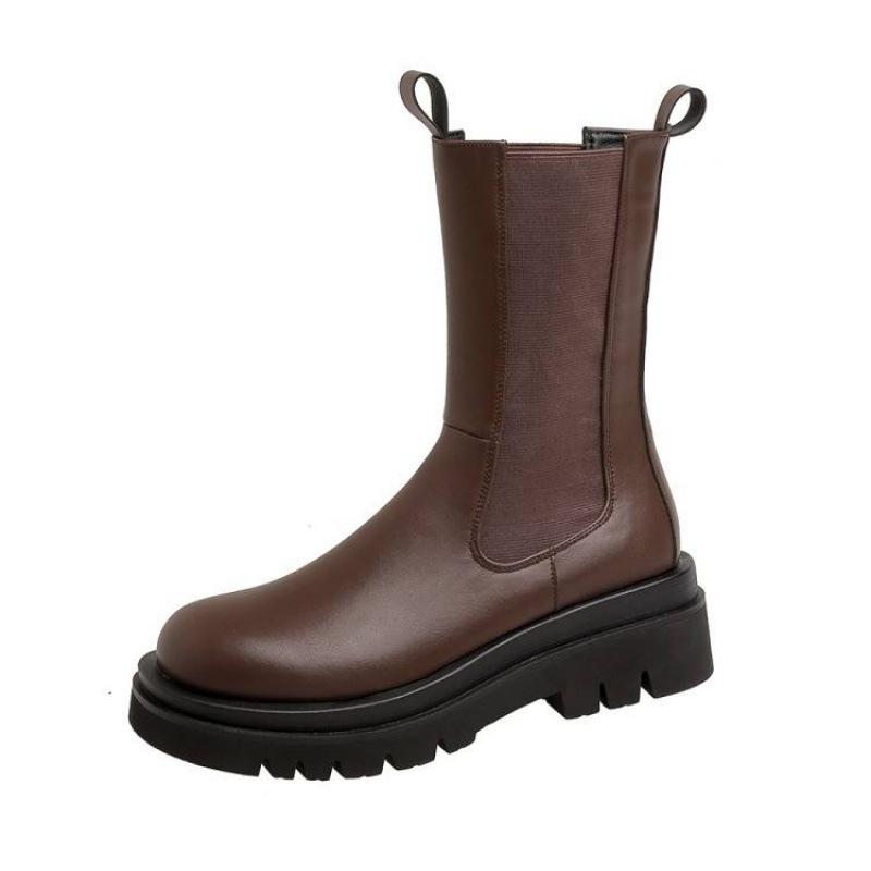 Осенне-зимние женские ботинки большого размера с круглым носком, толстой подошвой и рукавом, однотонные, на среднем каблуке, нескользящие ботинки Мартин, новые ботильоны на квадратном каблуке