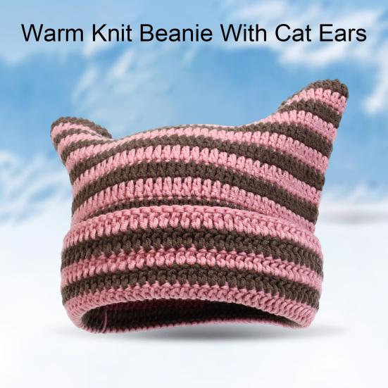 Autumn Winter Outdoor Warm Knitting Caps Cute Striped Cat Ear Hat No Brim Thickened Stretchy Yarn Knitted Beanie Hat