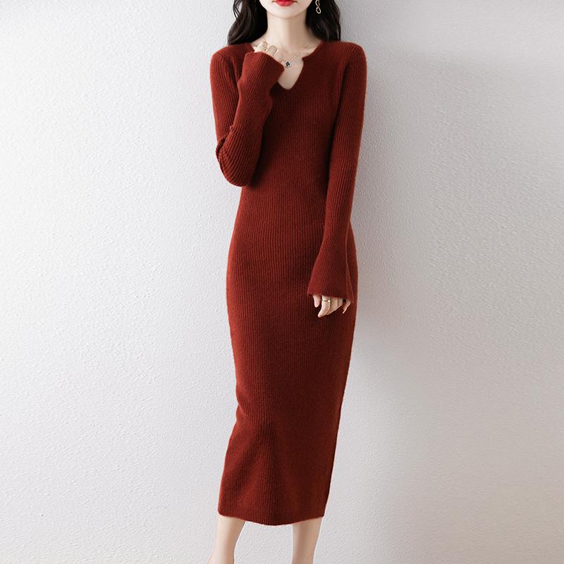 Женское платье-свитер 100% шерсть MODERN NEW SAGA V-образный вырез трикотажный длинный пуловер зимние джемперы шерстяное длинное платье женское