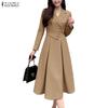 Women Casual Turn Down Collar Elegant Long Sleeve Dress