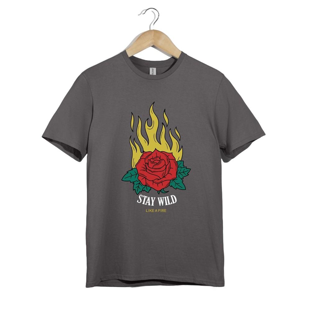 Flaming Rose T Shirt Unisex Stay Wild Like A Fire Retro Tee Wildflower Gift Top