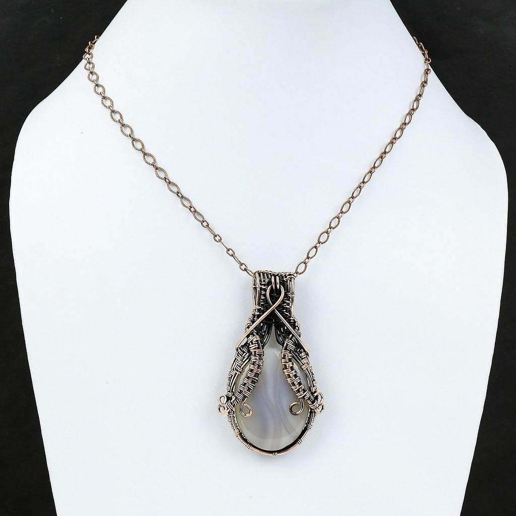 Подвеска из агата Ботсваны с медью, обернутая медной проволокой, драгоценные камни, ювелирные изделия ручной работы, уникальный дизайн, подвеска с проволочной оберткой, подарок для матери