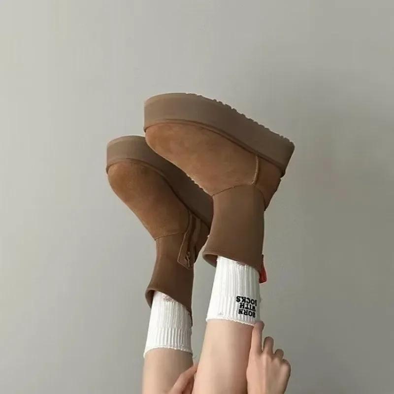 Женская обувь, женские сапоги до середины голени, модные короткие плюшевые повседневные сапоги, женские зимние сапоги с круглым носком и толстой подошвой