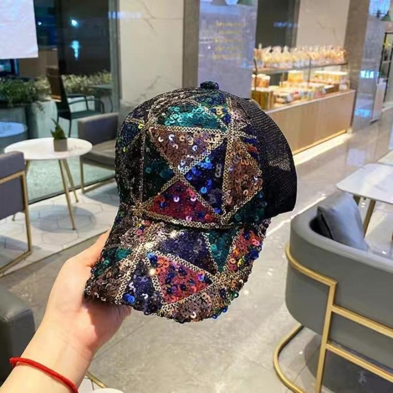 Sparkly Colorful Sequined Baseball Cap Breathable Mesh Back Adjustable Size for Beach Holiday Travel Wear