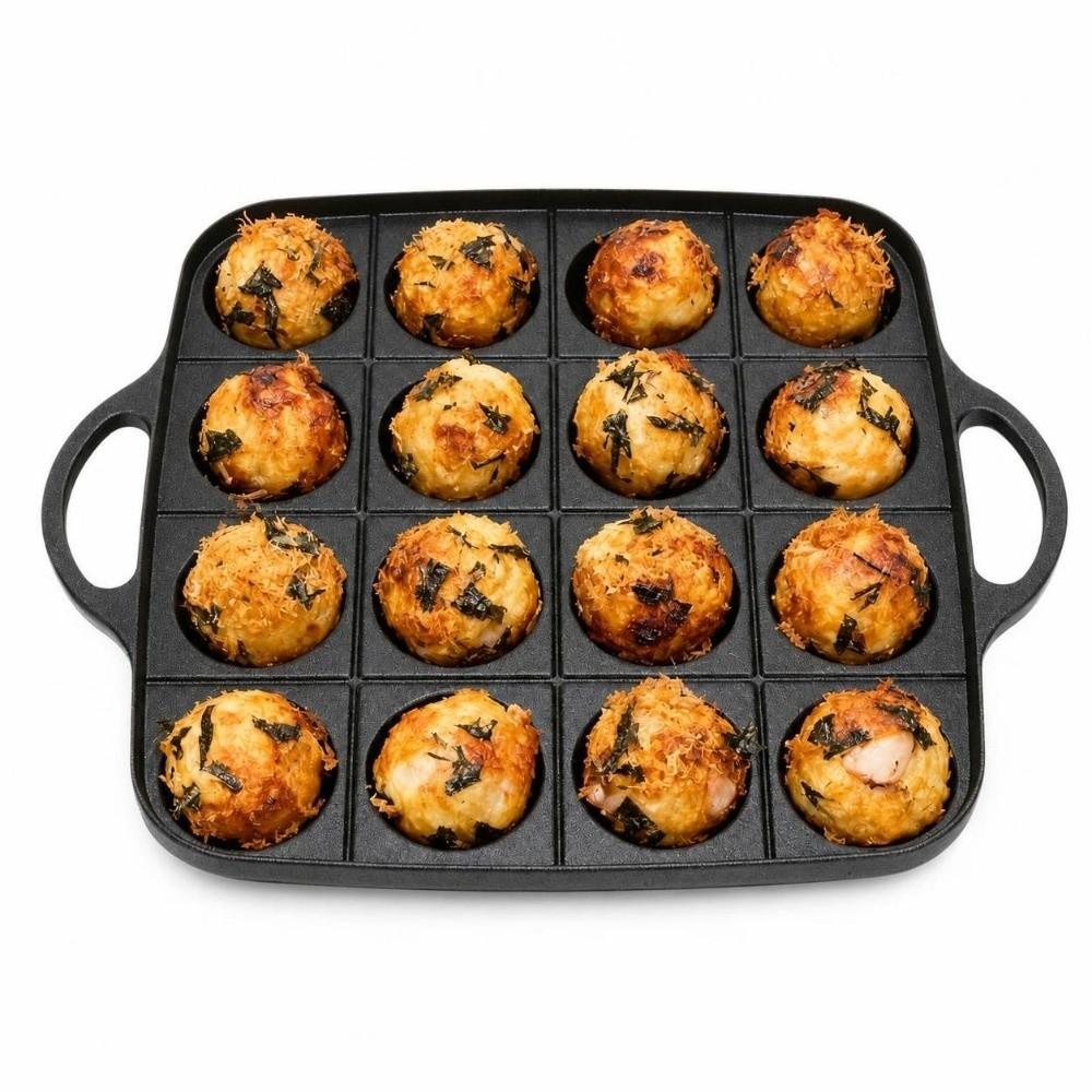 New Black Takoyaki Pan Nonstick Dual Handle Takoyaki Grill Pan Cast Aluminum 16-Hole Cooking Pan Indoor Cooking