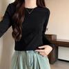 American Retro Right-shoulder Long-sleeved Elastic Slim T-shirt for Women Solid Color Round Neck Basic Flesh-covering Bottoming Shirt Top