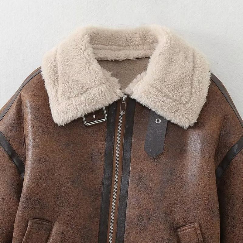 High Quality Women's Autumn and Winter New Style Brown Lapel Zipper Fur Jacket