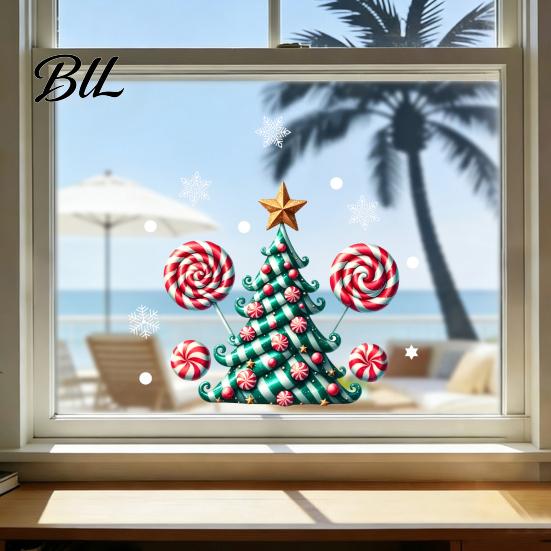 Customizable Seasonal Wall Art Candy Christmas Tree Window Static Sticker, Waterproof PVC Removable Cane Holiday Stickers Glass Clings, Decorative