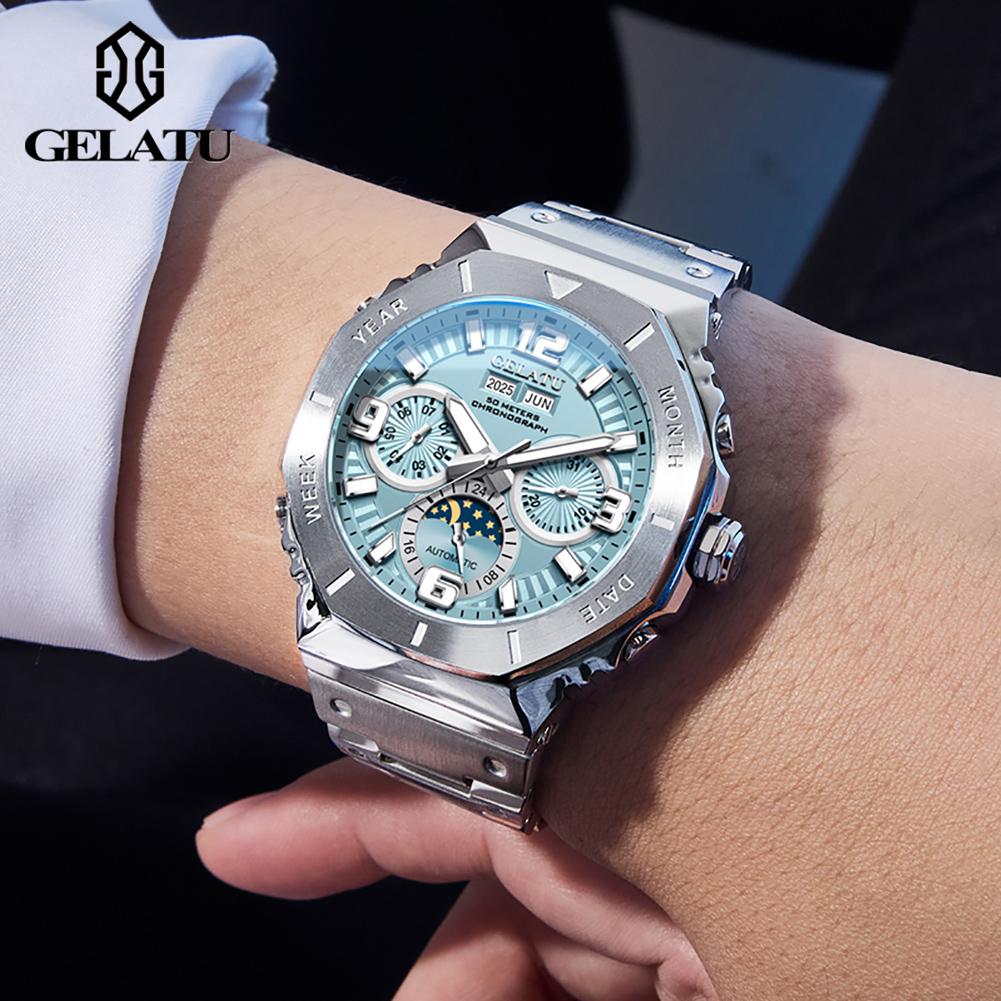 GELATU Men's Watches Luxury Fashion 316L Fine Steel Original Automatic Mechanical Wristwatch for Man Moon Phase Calendar 6030