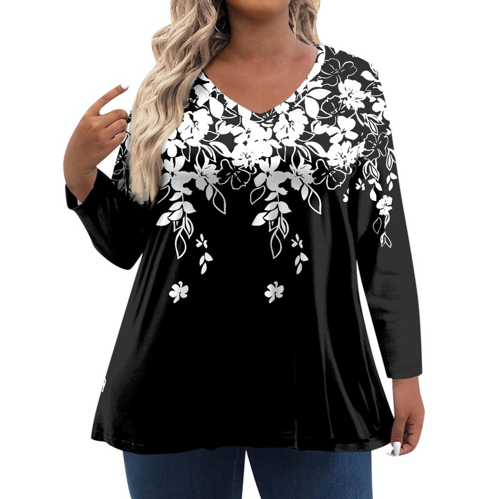 Женская футболка с винтажным цветочным принтом и V-образным вырезом, свободная, с длинным рукавом, большой размер